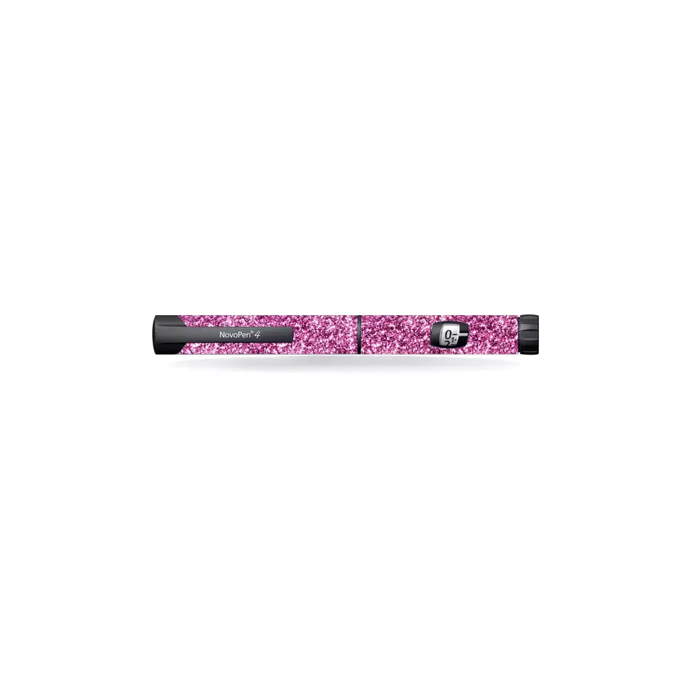 Novopen Echo insulin pen decorated with pink glitter Valentine 2024 sticker