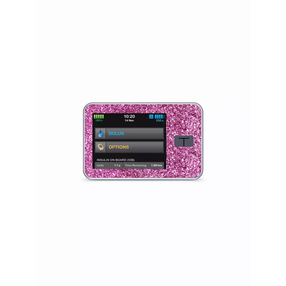Pink glitter Valentine's Day Tandem t:slim insulin pump sticker with waterproof laminate