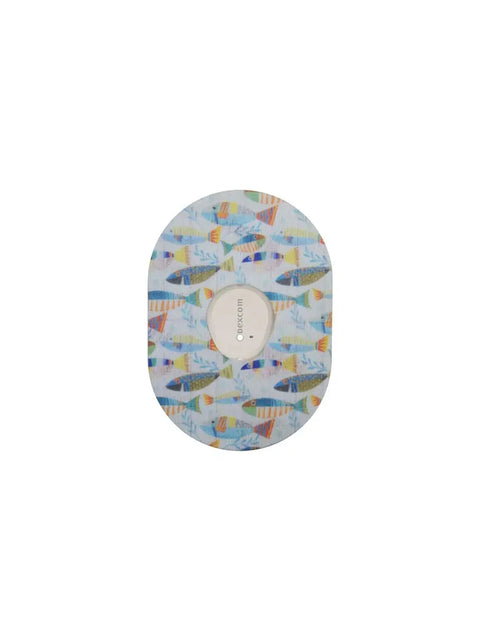 Colorful Dexcom G7 sensor patch with fish pattern from Childhood Memories Collection for secure, comfortable, and long-lasting adhesion