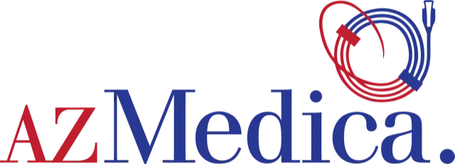 AZ Medica logo with red "AZ" and blue "Medica", featuring coiled red and blue medical cables. Bild