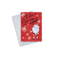 Elegant Christmas greeting card with Santa Claus design, text "Felice e Sereno Natale," and accompanying envelope.