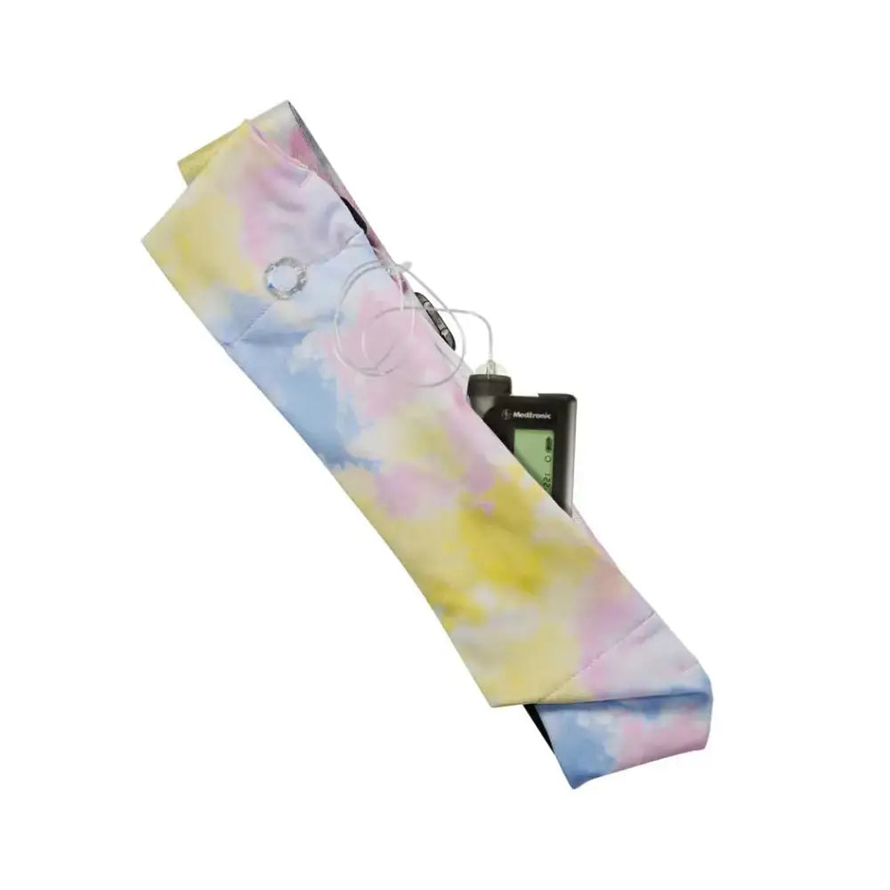 Adjustable insulin pump belt with colorful summer design, discreet and comfortable for all-day wear.