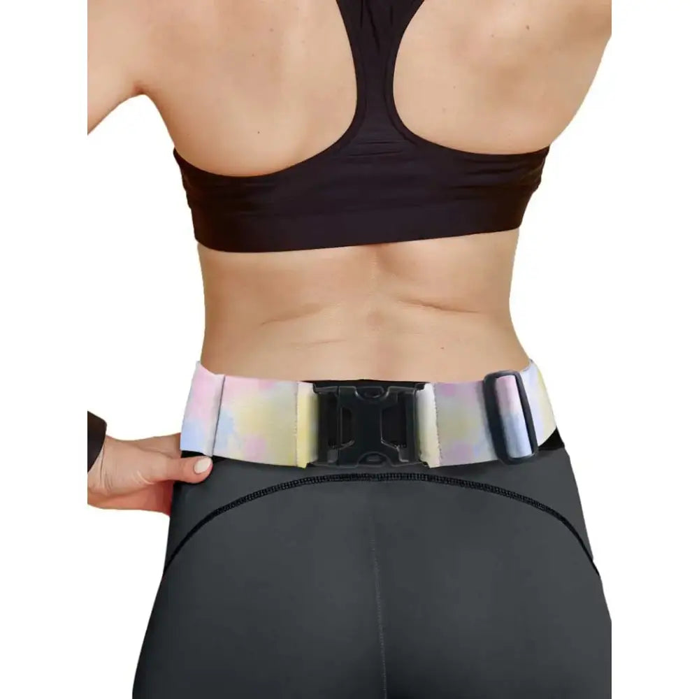Adjustable insulin pump belt in summer vibes design, worn by person, showing back view with reinforced openings and secure fit.