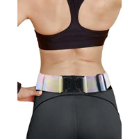 Adjustable insulin pump belt in summer vibes design, worn by person, showing back view with reinforced openings and secure fit.