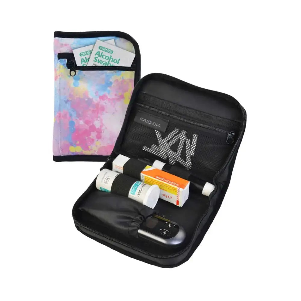 Diabetic travel case with tie-dye design, multiple compartments for diabetes management tools, compact and stylish.