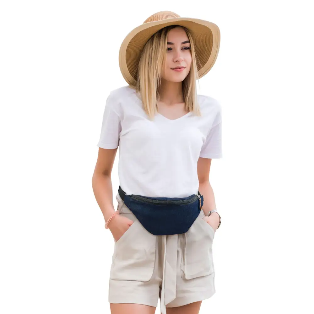 Person wearing a beige sun hat with a stylish Dia-Fanny Pack for diabetic supplies