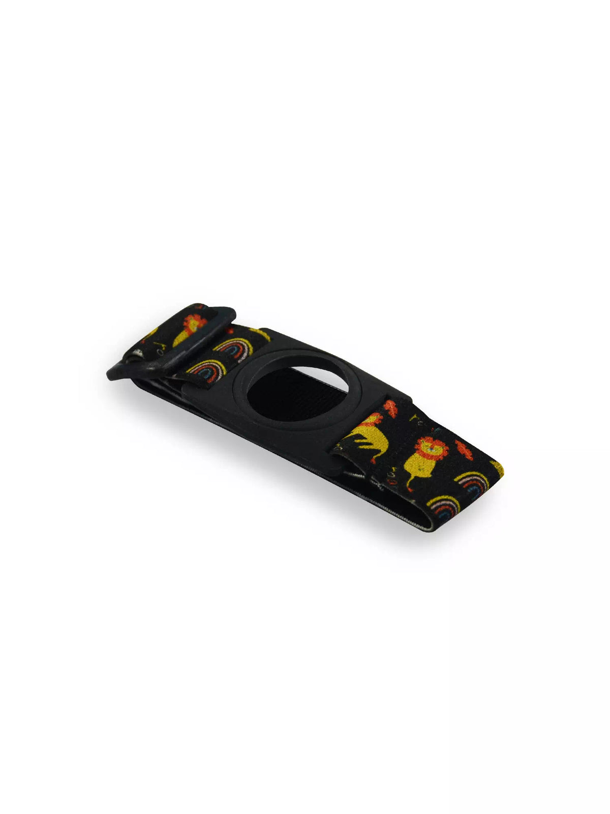 Dexcom G7 Armband for children, black with colorful lion and banana design, rotating clip, playful protection.