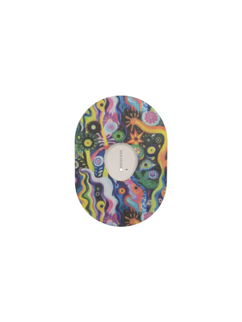Colorful adhesive Dexcom G7 patch from Childhood Memories Collection.