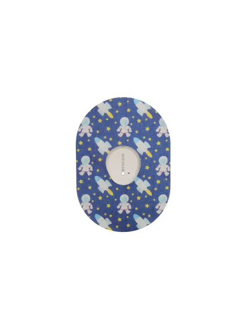 Adhesive Dexcom G7 patch with childhood-inspired space design, secure and breathable.