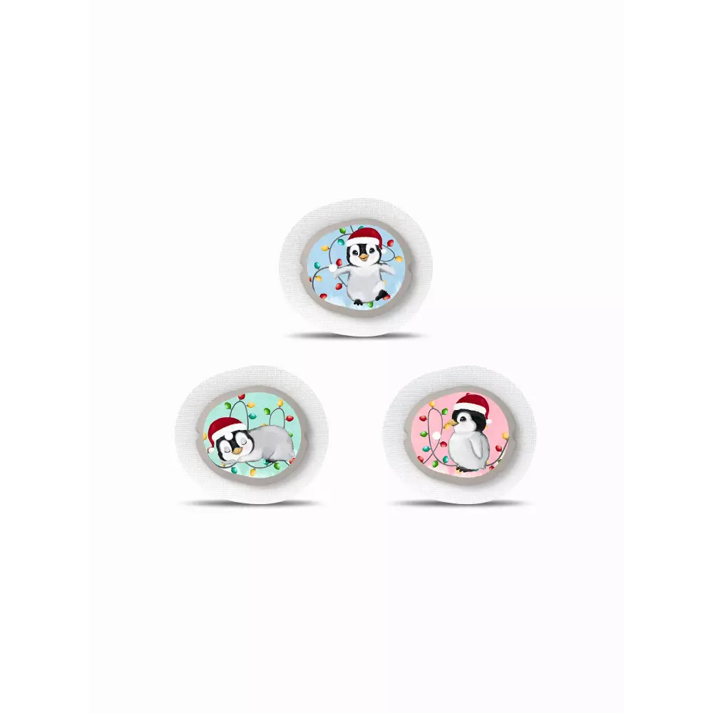 Three cartoon penguin badges for Dexcom G7 Stickers - Christmas 2024 add festive flair