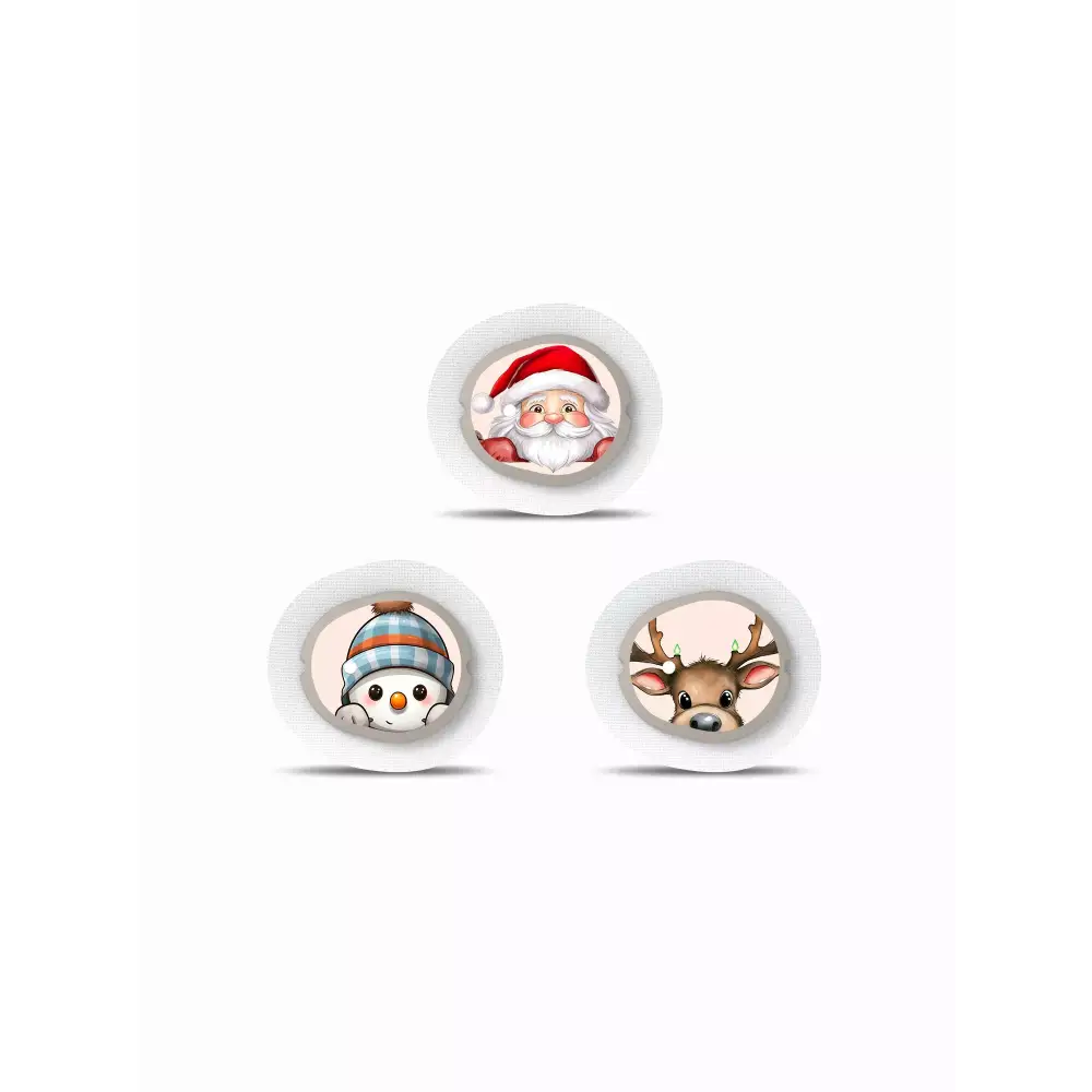 Three holiday-themed icons for Dexcom G7 Stickers featuring Santa, a snowman, and a reindeer