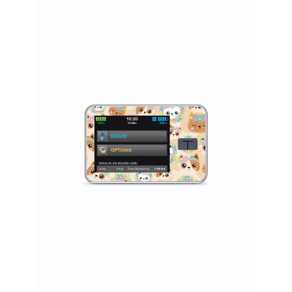 Tandem t:slim insulin pump with colorful spring edition cat-themed sticker skin