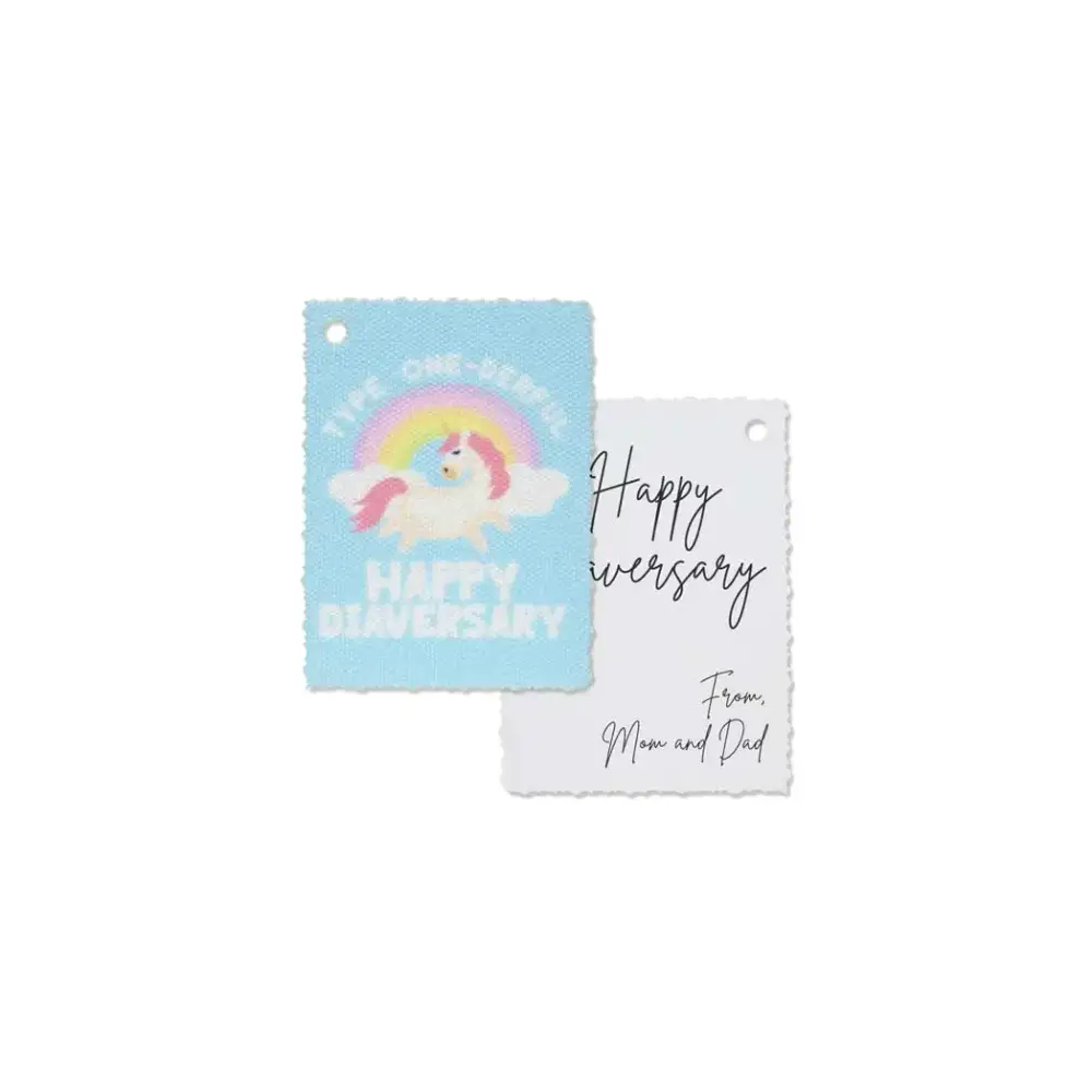 Diaversary gift tags with colorful unicorn and rainbow design, celebrating diabetes anniversaries.