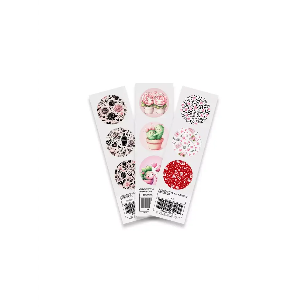 Valentine 2025 Freestyle Libre 2 Stickers featuring love, plant, and gothic themes for sensor personalization and protection.