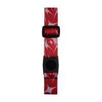 Freestyle Libre 3 Arm Band in red floral design with adjustable black buckle for secure sensor fit