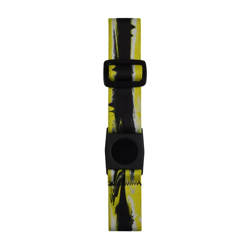 Freestyle Libre 3 Arm Band in yellow and black abstract pattern with adjustable buckle and sensor holder.