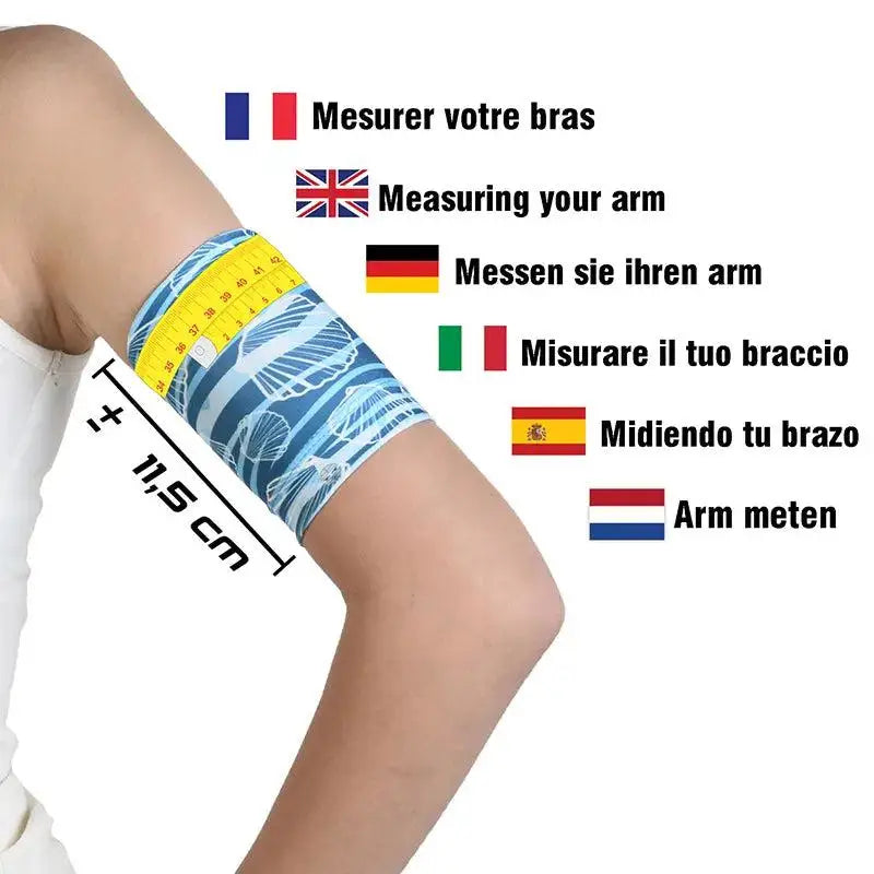 Glucose sensor armband Sea and Beach edition on arm with measurement guide.