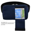 Black horizontal infusion pump bag with adjustable waist belt and clear display window for therapy pumps
