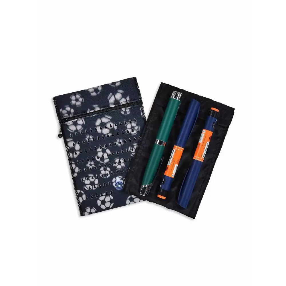 Insulin cooling wallet for kids holding pens and vials, soccer-themed design.