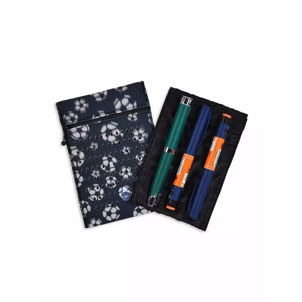 Insulin cooling wallet for kids holding pens and vials, soccer-themed design.