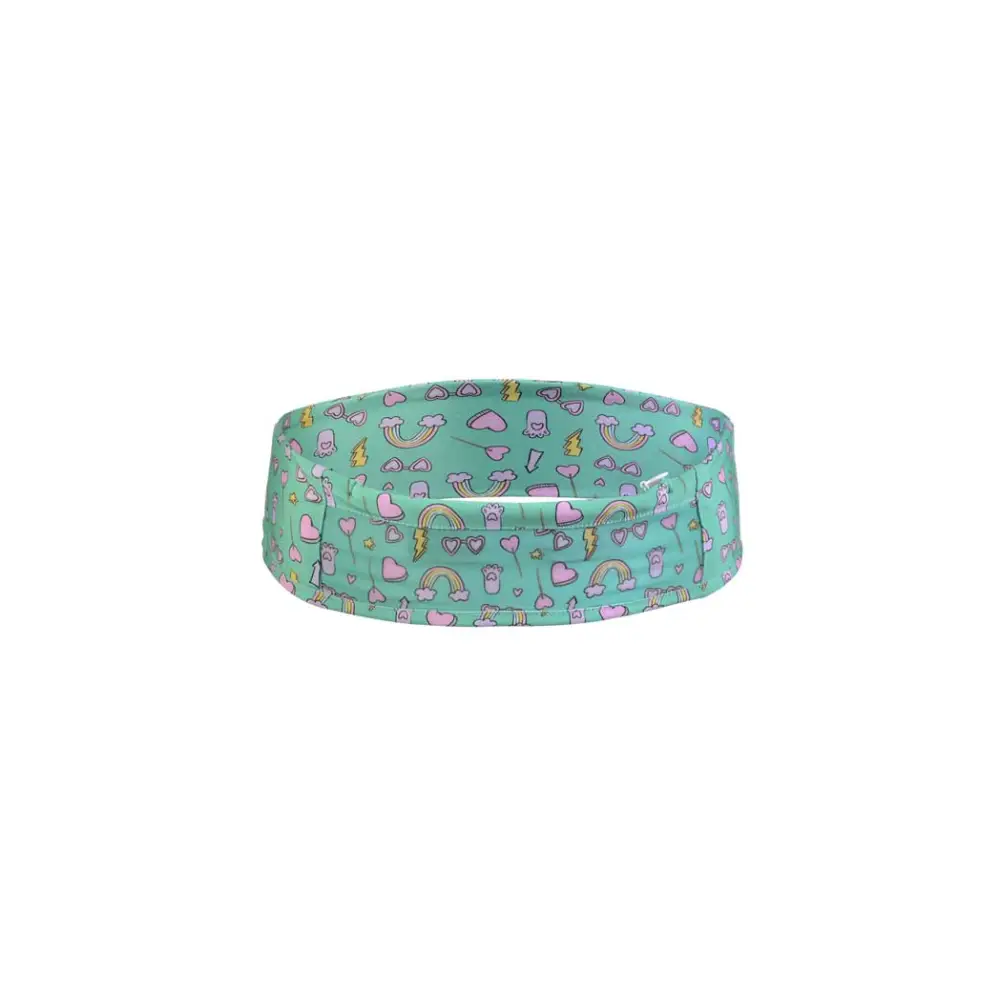 Insulin pump waist belt with mesh window for children, colorful print, lightweight and comfortable design.