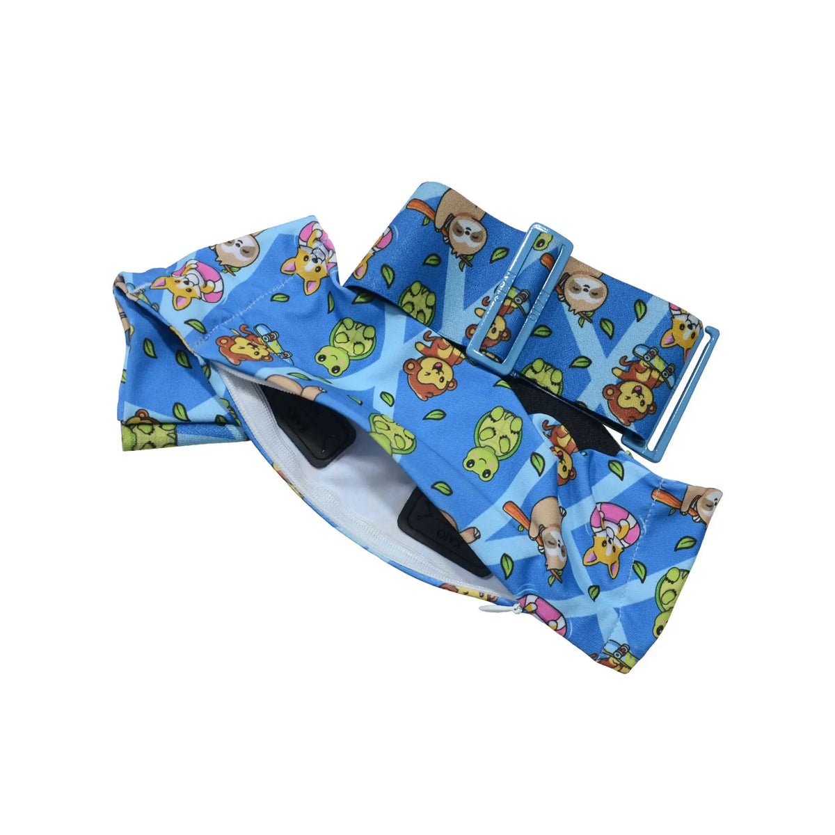Kids insulin pump belt rear opening blue design for tubing access and secure insulin pump positioning