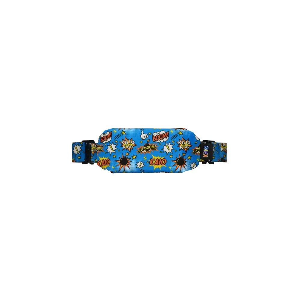 Colorful Insulin Pump Pouch for children with superhero graphics on blue background