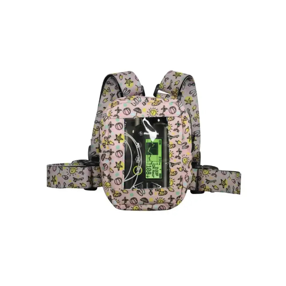 Insulin pump harness with window for children, adjustable straps, secure pocket, ergonomic design.