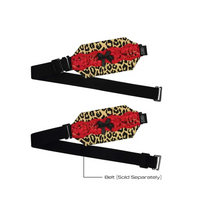 Elegant insulin pump pouch with lace detail, leopard print, and bow design; belt not included.