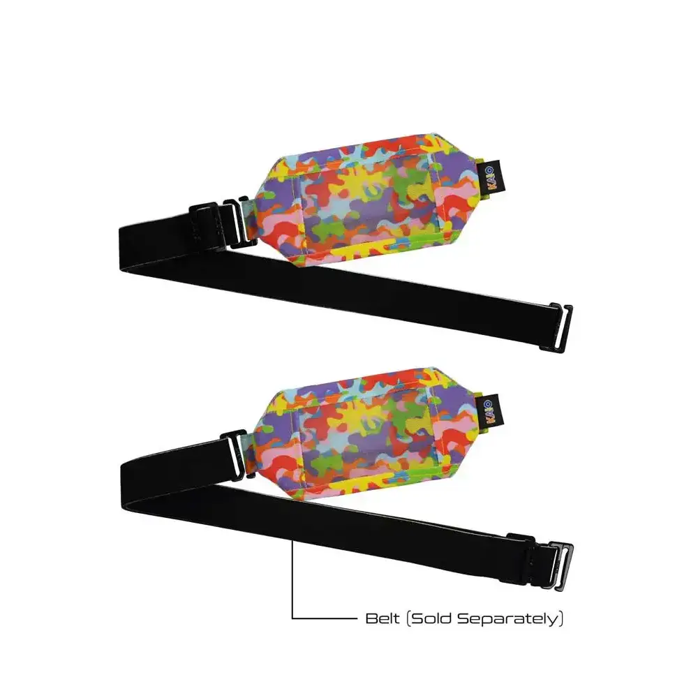 Insulin pump pouch with colorful mesh window design, shown with separately sold belt.