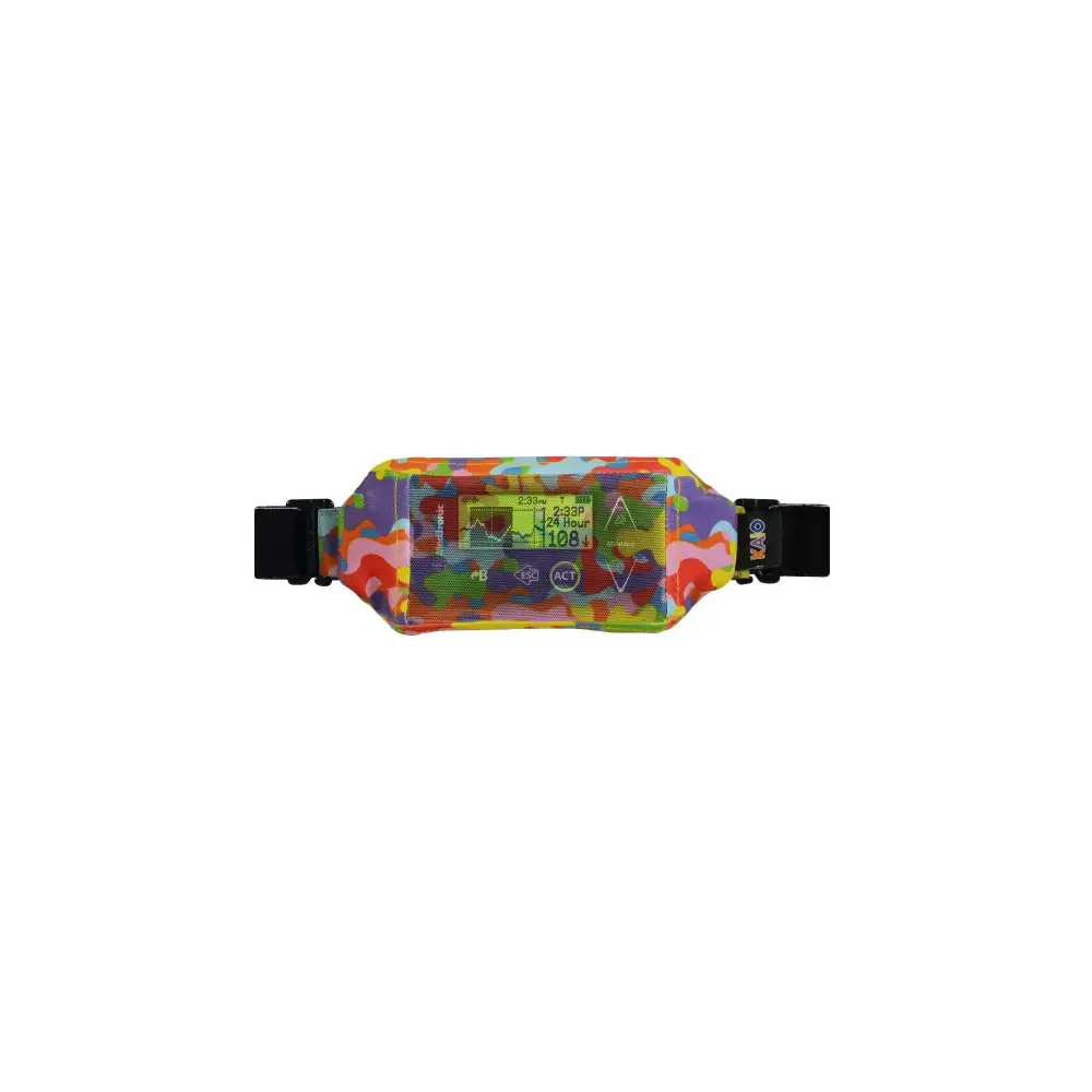 Insulin pump pouch with mesh window, colorful design, durable fabric, convenient access, secure fit.
