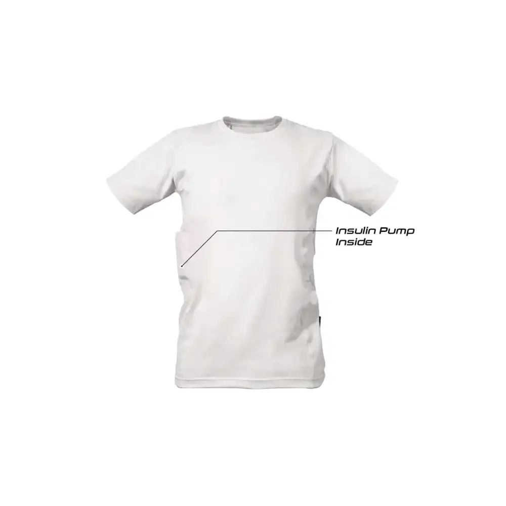 Insulin pump t-shirt with integrated side pockets for pump storage, shown in pristine white.