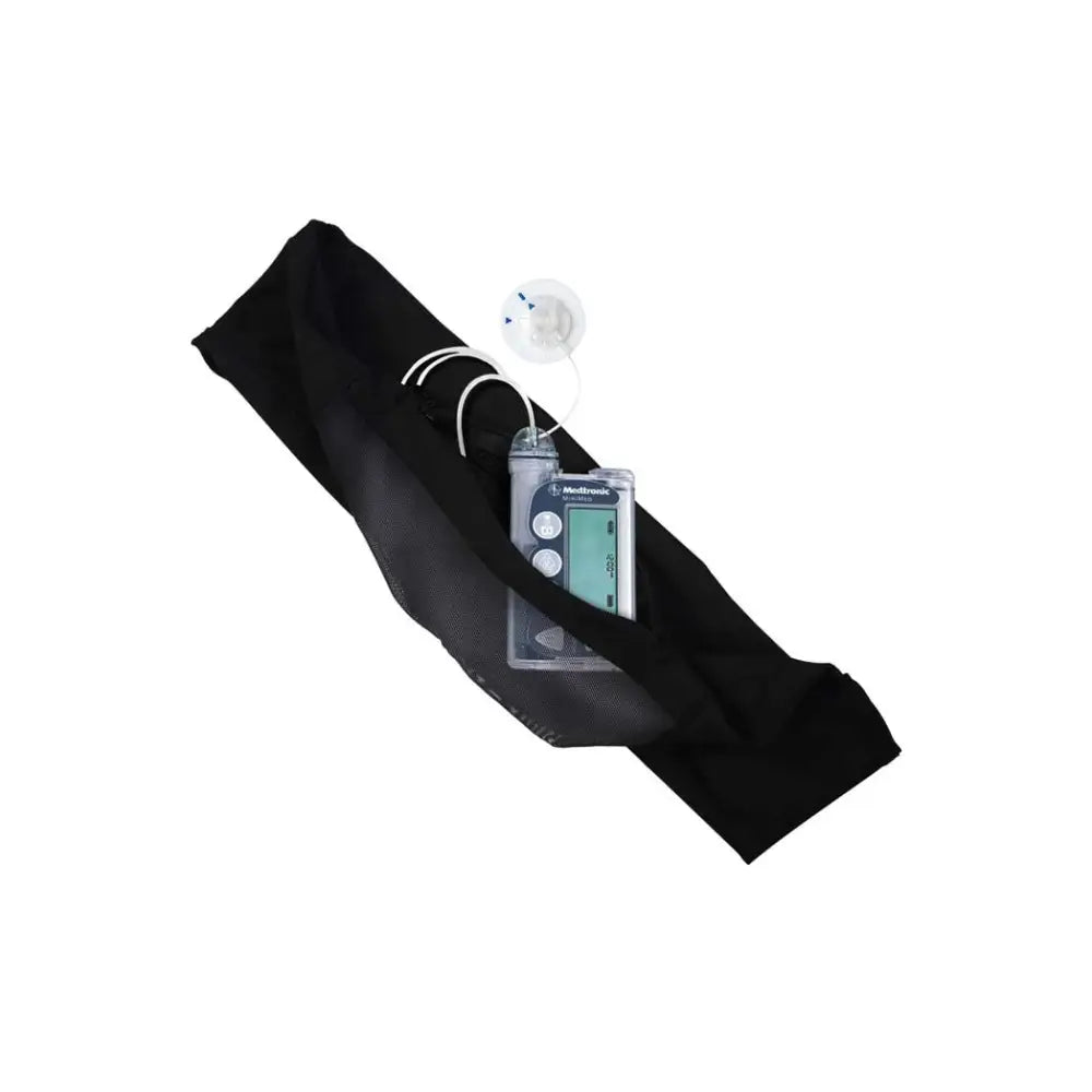 Insulin pump waist belt with mesh window for easy monitoring and comfort.