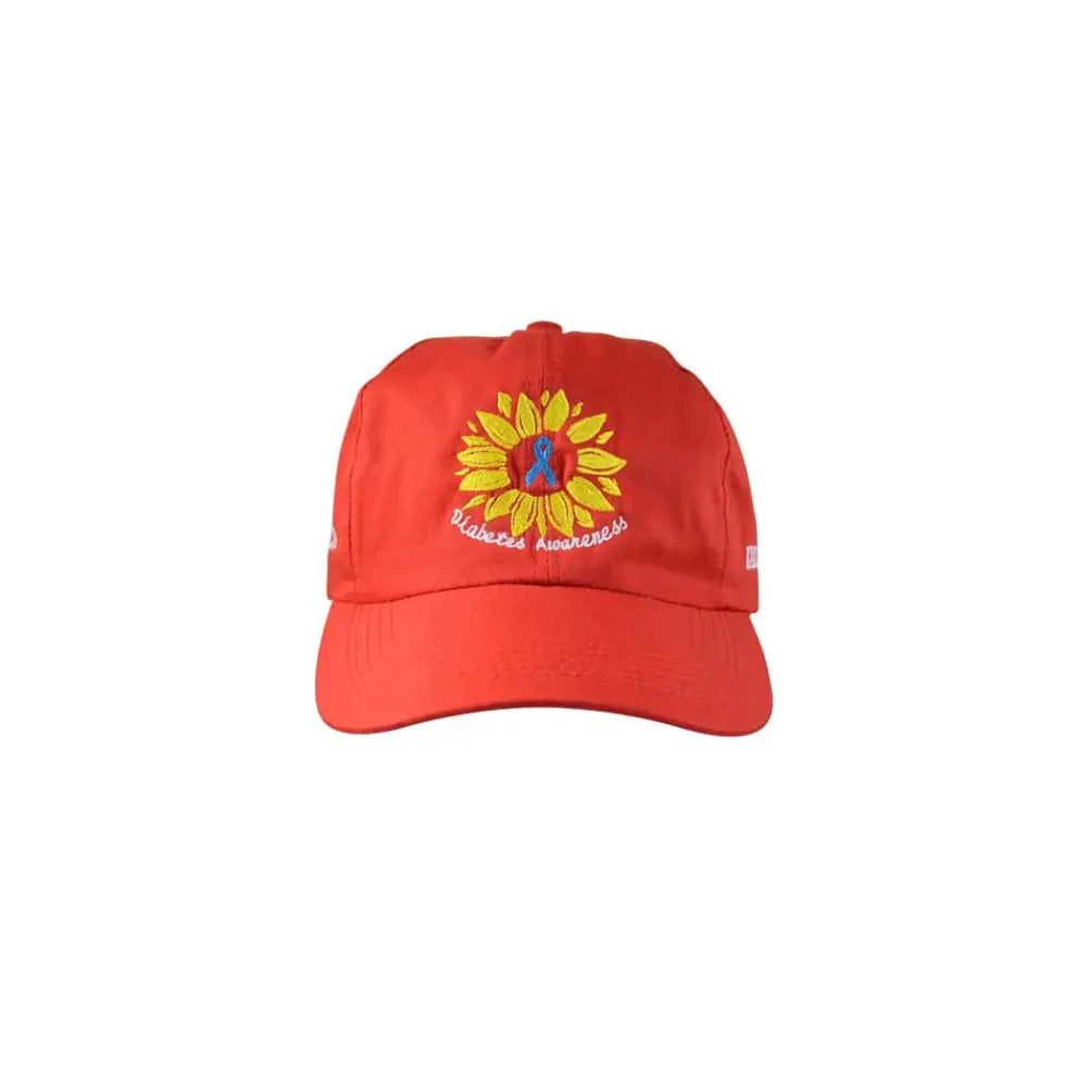 Red Kaio-Caps diabetes awareness cap with adjustable strap and yellow design for type 1 diabetes support.
