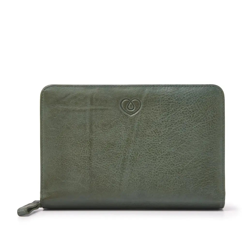 Stylish green leather diabetic travel case with zip closure and embossed heart design.