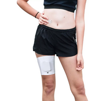 Insulin pump leg band worn on leg for secure device carrying.