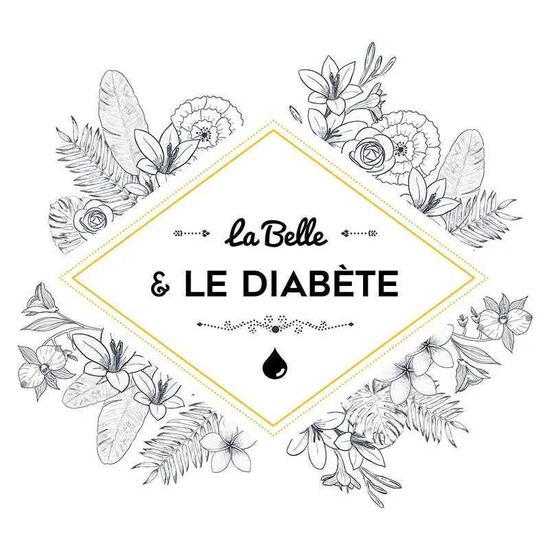 Logo "La Belle & Le Diabète" with a gold diamond frame and black and white floral illustrations. Bild