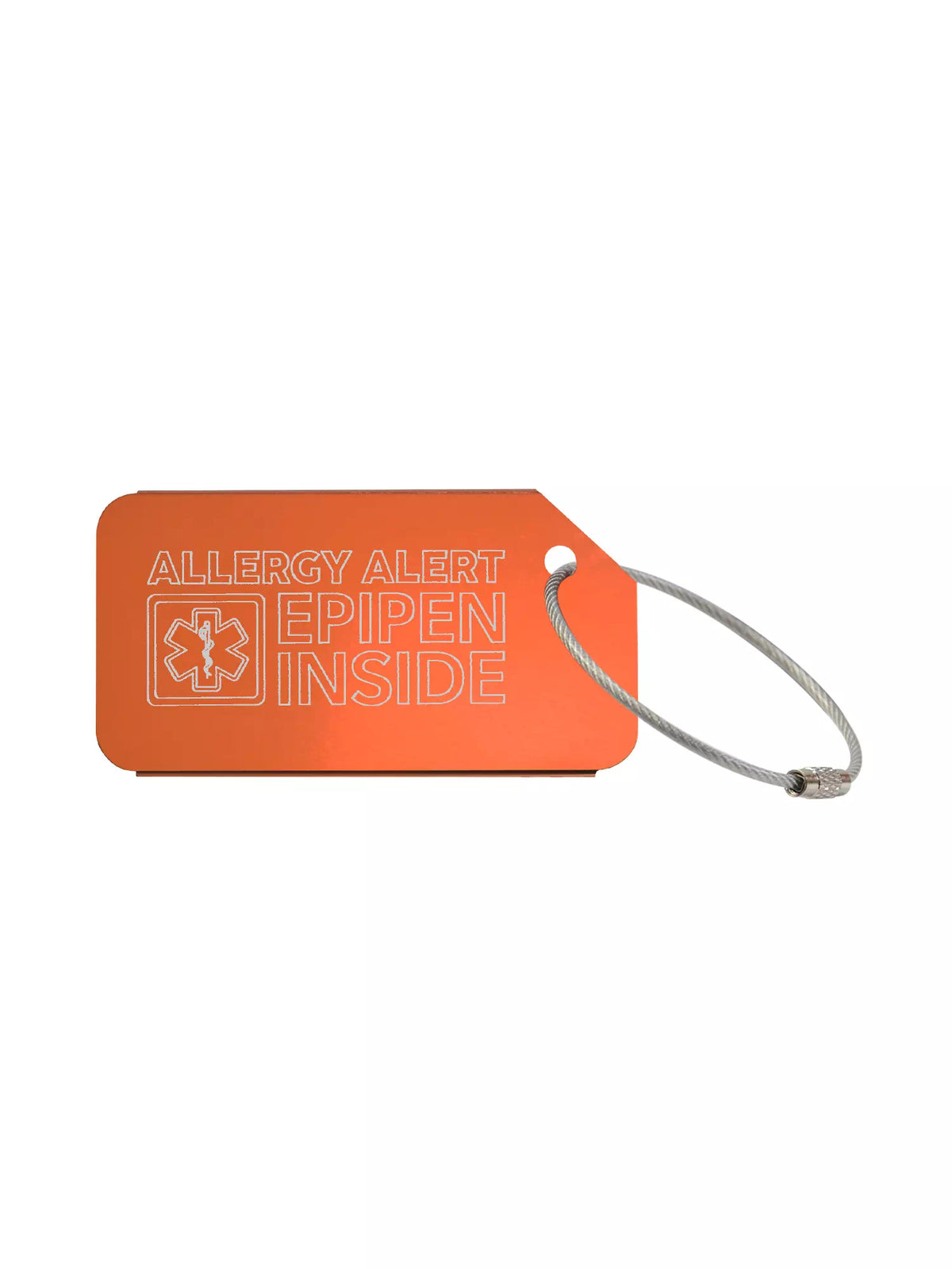 Orange medical luggage tag with the text 'Allergy Alert Epipen Inside' engraved.