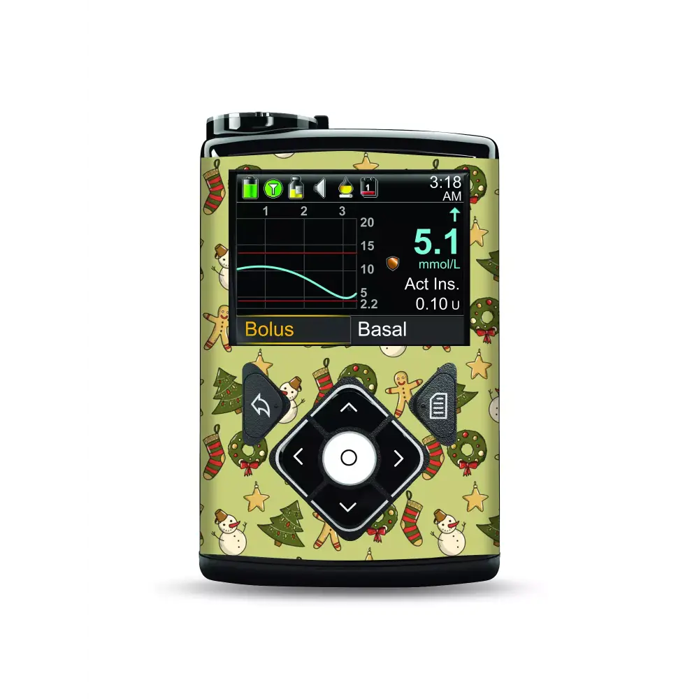 Colorful Christmas-themed Medtronic MiniMed stickers on an insulin pump casing