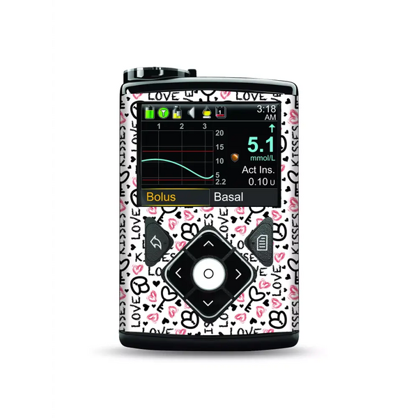Medtronic MiniMed insulin pump with Valentine 2025 style stickers, featuring love and heart motifs.
