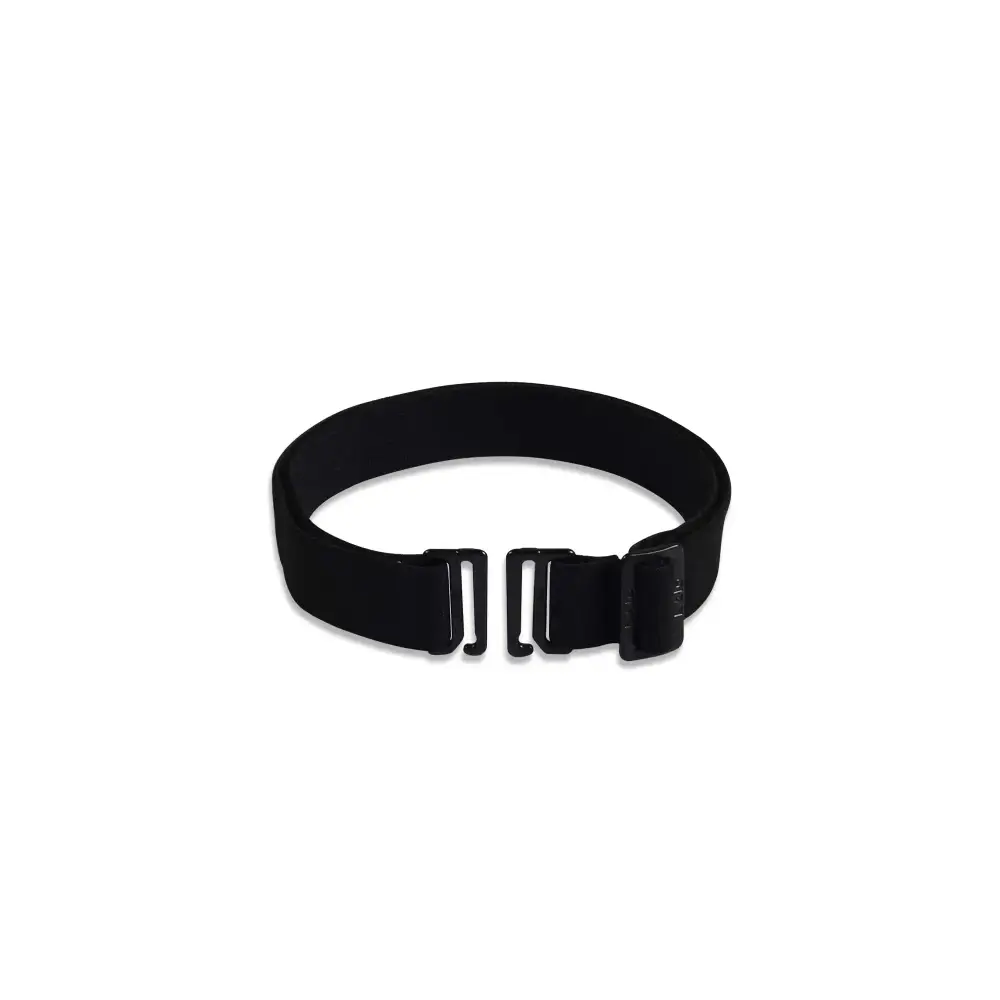 Adjustable belt for insulin pump pouches with metallic hooks, elastic fit, and versatile design.