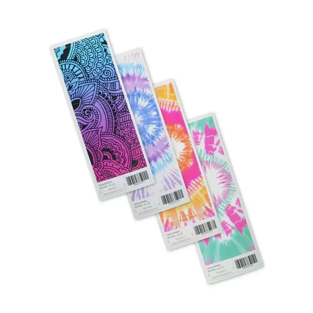 Colorful NovoPen insulin pen stickers with vibrant summer-themed designs for NovoPen Echo, 4, and 5 models.
