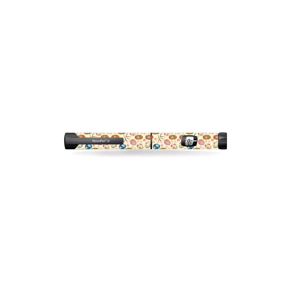 Insulin pen adorned with NovoPen Echo Stickers in Easter Edition 2025 design