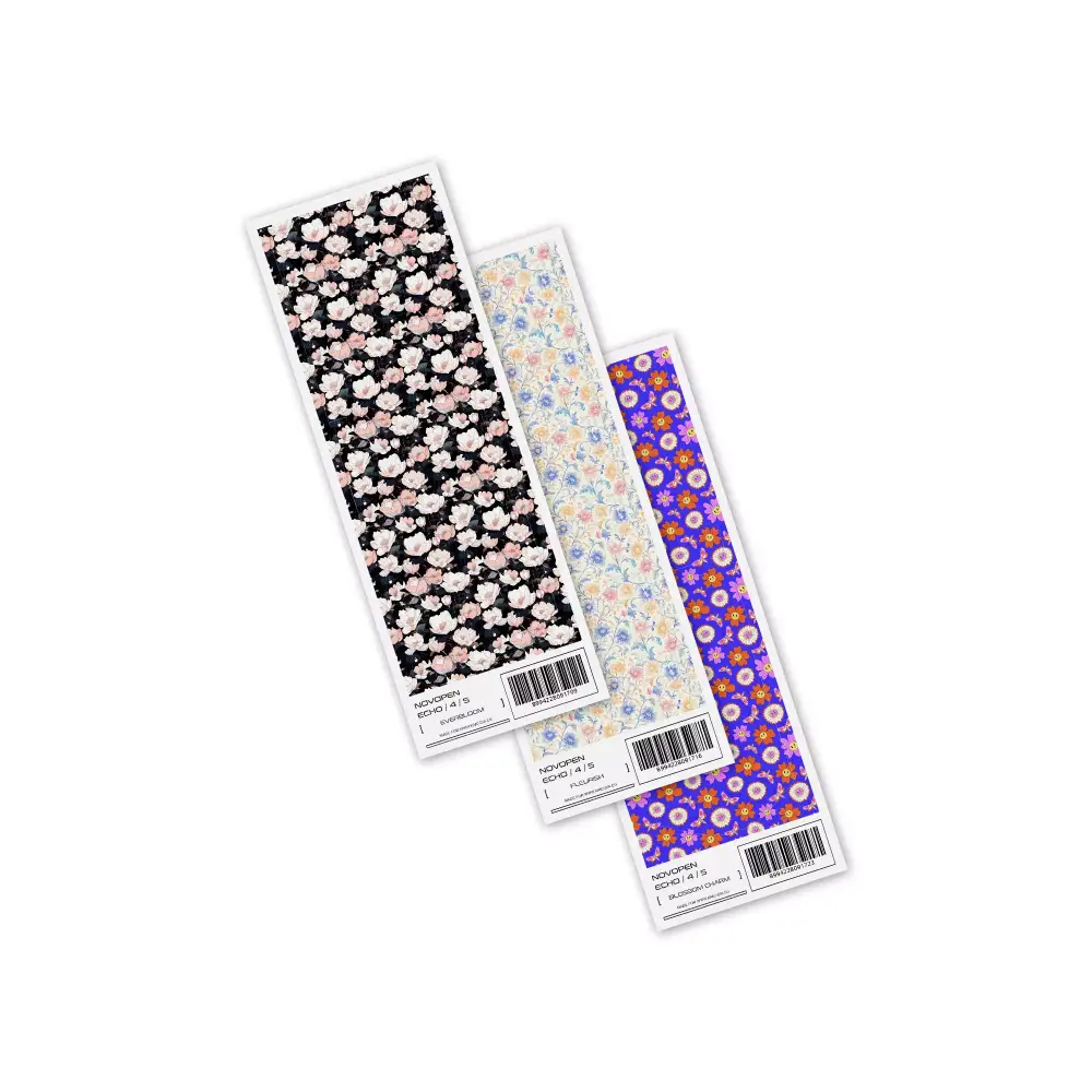 Novopen Echo Stickers - Spring Edition 2025 featuring floral designs in black, pastel, and vibrant colors.