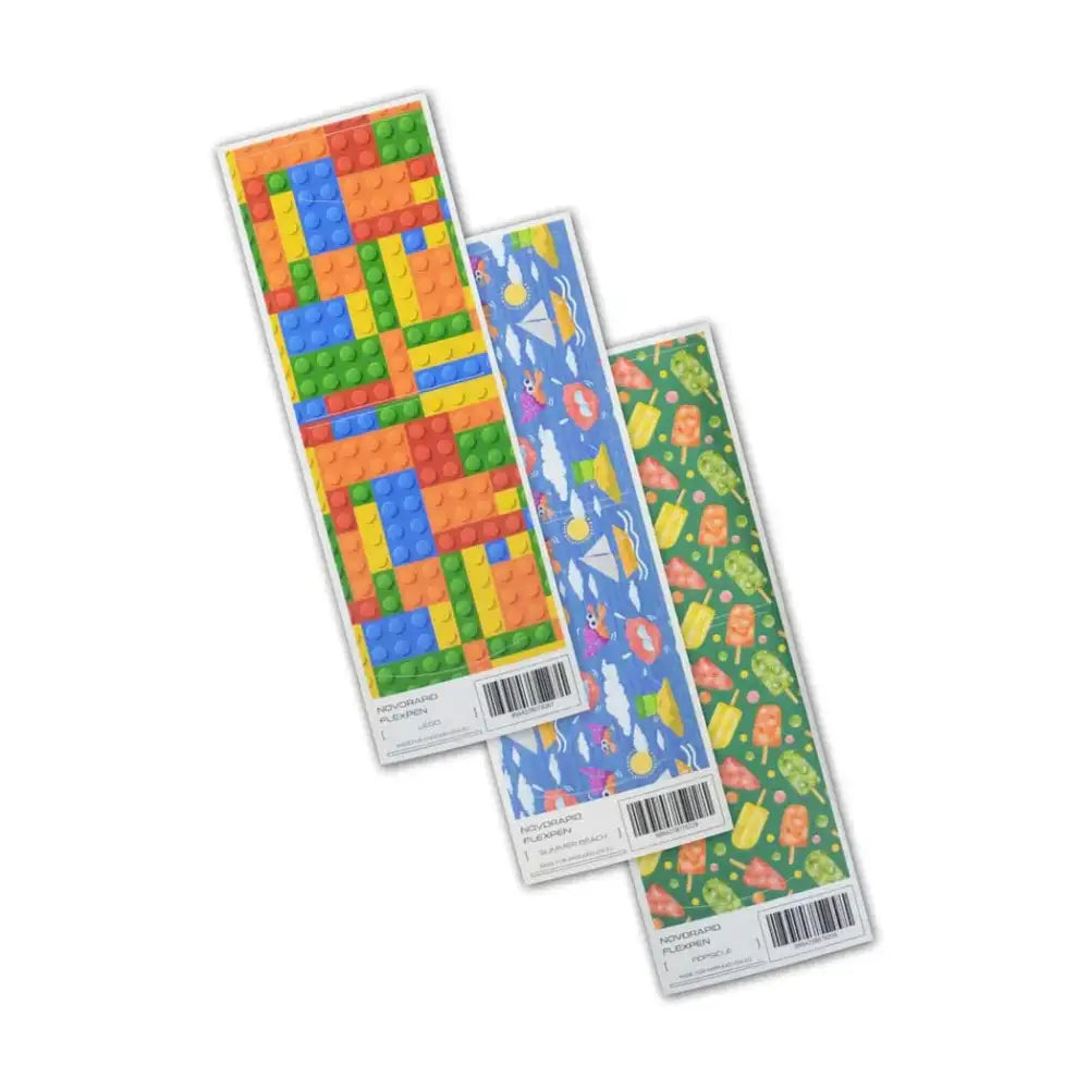 Colorful NovoRapid Flexpen Stickers for kids featuring playful designs like building blocks, rockets, and ice cream treats.
