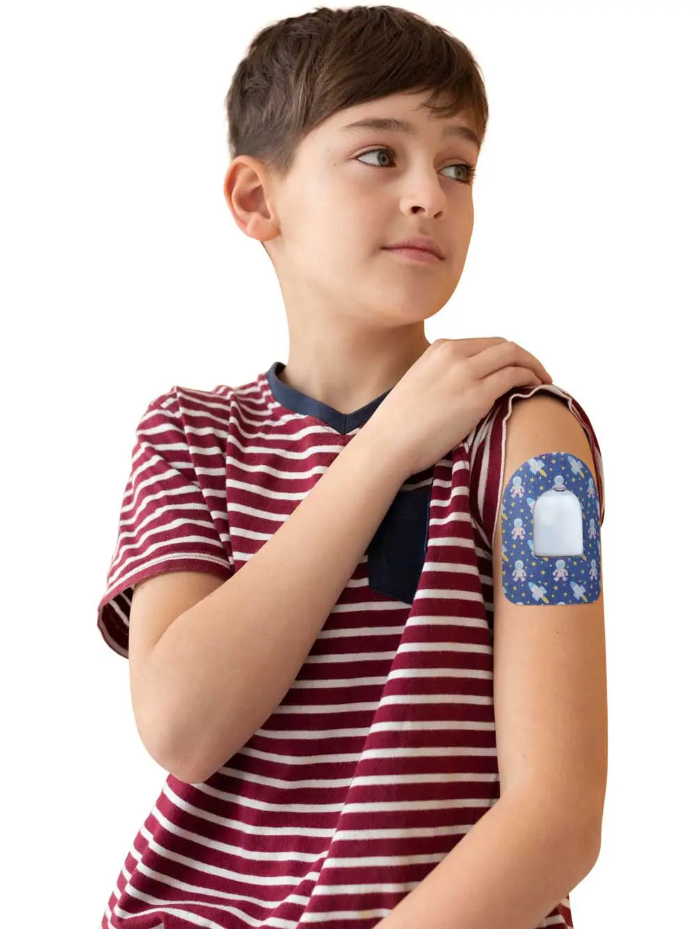 Fixierpflaster für Omnipod Pod, Design Astronaut, von einem Jungen getragen