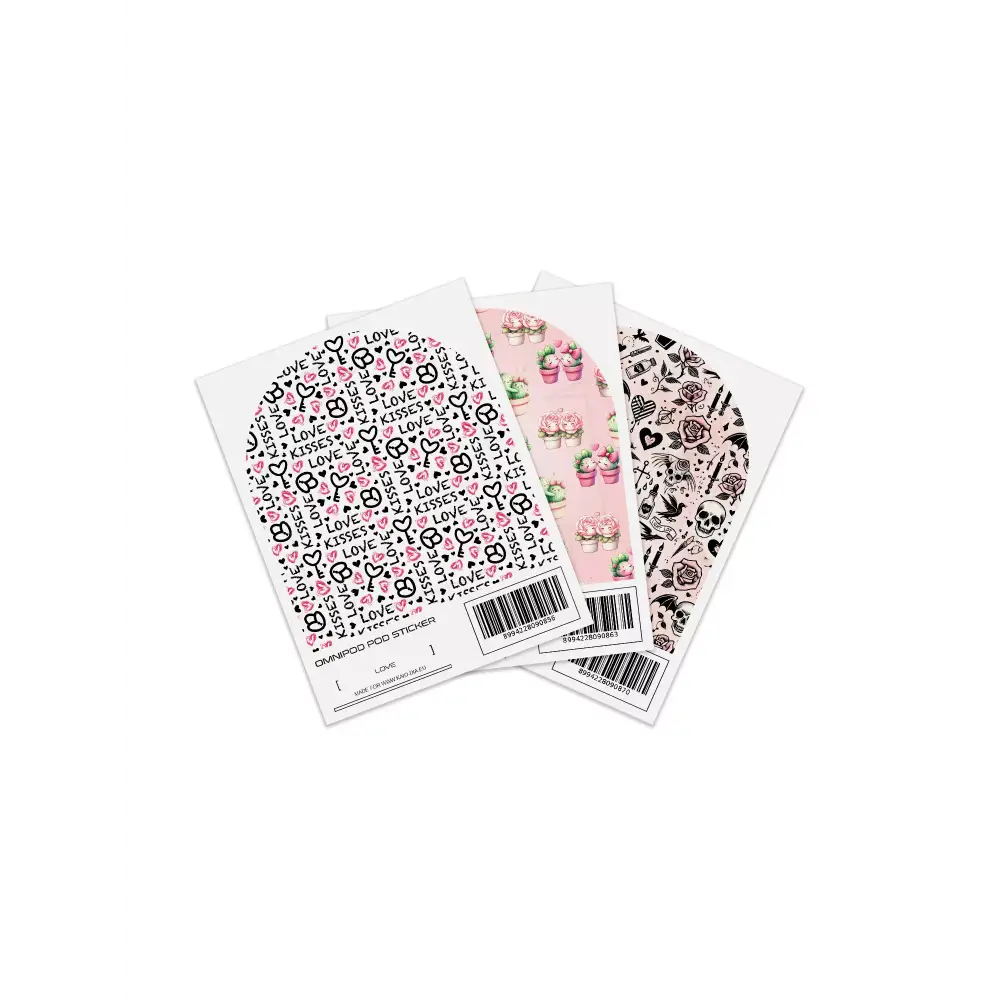 Omnipod POD Stickers - Valentine Edition 2025, featuring love, rooted together, and gothic valentine themes for insulin pumps.