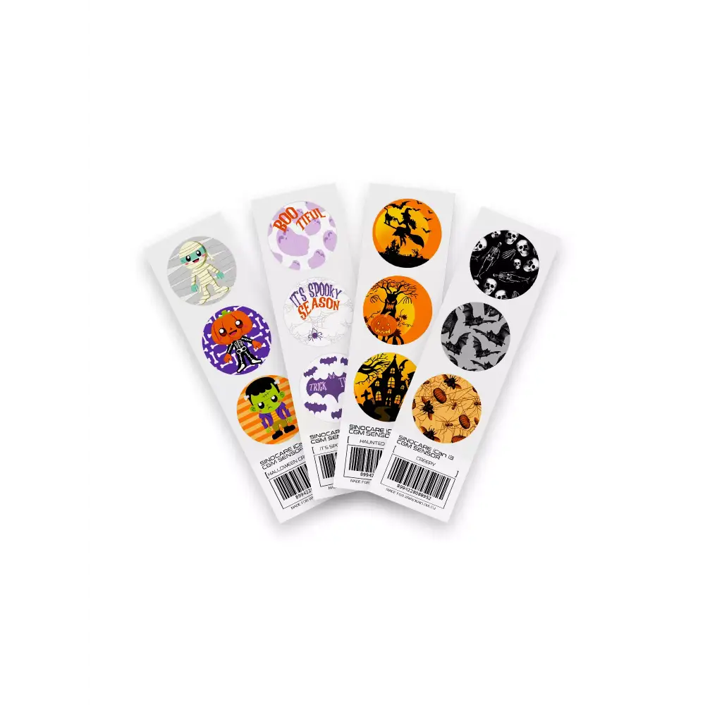 Sinocare iCan i3 stickers with fun Halloween creatures like a mummy, pumpkin, and Frankenstein, designed to protect and decorate.