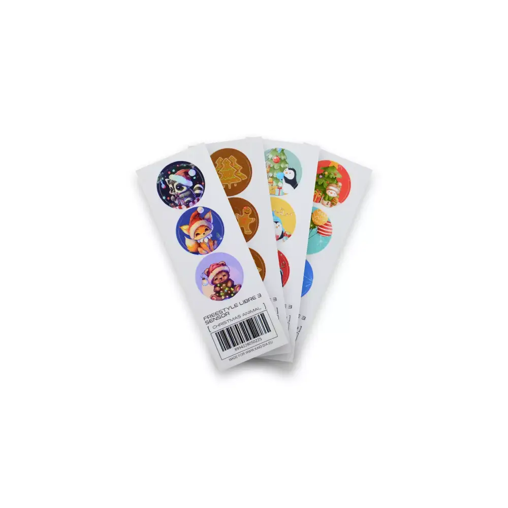 Freestyle Libre 3 Sensor Stickers, Christmas Edition, festive holiday designs, laminated, set of 3.