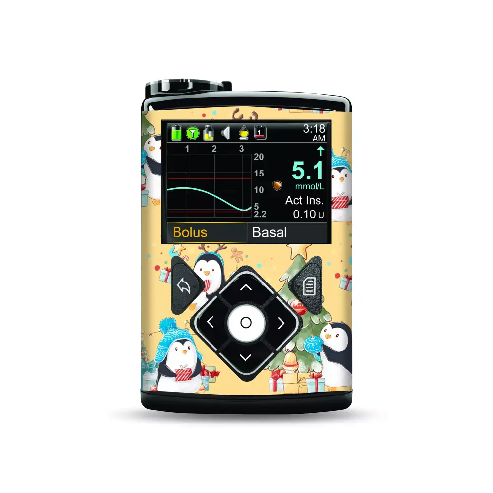 Medtronic MiniMed Insulin Pump with yellow penguin skin and digital display screen